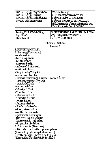 Bài giảng môn Tiếng Anh Lớp 4 - Tuần 12 - Năm học: 2021-2022 - Trường Tiểu học Lê Thánh Tông
