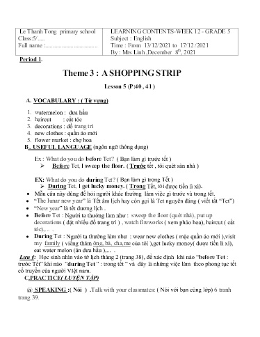 Bài giảng môn Tiếng Anh Lớp 5 - Tuần 12 - Năm học: 2021-2022 - Trường Tiểu học Lê Thánh Tông