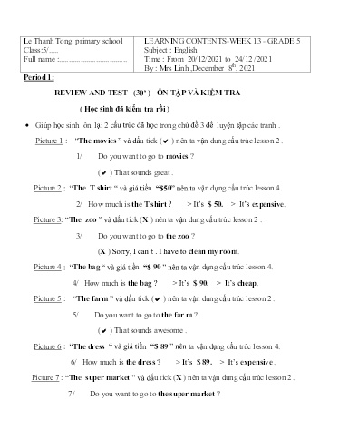 Bài giảng môn Tiếng Anh Lớp 5 - Tuần 13 - Năm học: 2021-2022 - Trường Tiểu học Lê Thánh Tông