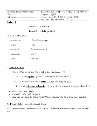 Bài giảng môn Tiếng Anh Lớp 5 - Tuần 14 - Năm học: 2021-2022 - Trường Tiểu học Lê Thánh Tông