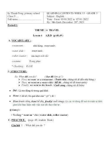 Bài giảng môn Tiếng Anh Lớp 5 - Tuần 15 - Năm học: 2021-2022 - Trường Tiểu học Lê Thánh Tông