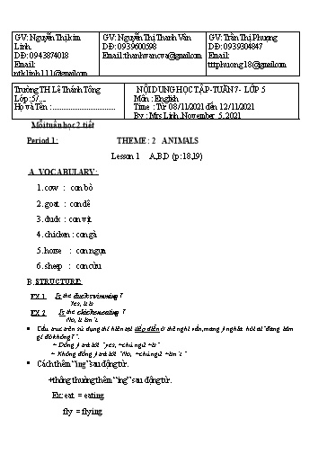 Bài giảng môn Tiếng Anh Lớp 5 - Tuần 7 - Năm học: 2021-2022 - Trường Tiểu học Lê Thánh Tông