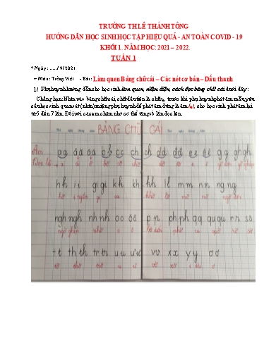 Bài giảng môn Tiếng Việt Lớp 1 - Tuần 1 - Bài: Làm quen Bảng chữ cái-Các nét cơ bản-Dấu thanh - Năm học: 2021-2022 - Trường Tiểu học Lê Thánh Tông