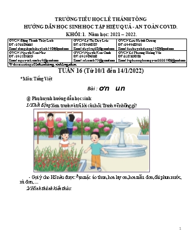 Bài giảng môn Tiếng Việt Lớp 1 - Tuần 16 - Năm học: 2021-2022 - Trường Tiểu học Lê Thánh Tông