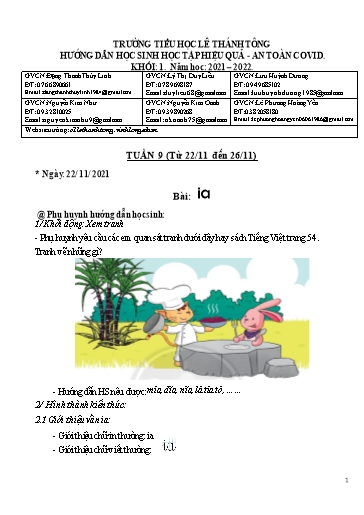 Bài giảng môn Tiếng Việt Lớp 1 - Tuần 9 - Năm học: 2021-2022 - Trường Tiểu học Lê Thánh Tông