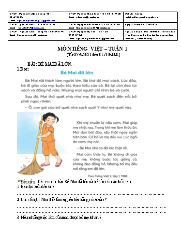 Bài giảng môn Tiếng Việt Lớp 2 - Tuần 1 - Năm học: 2021-2022 - Trường Tiểu học Lê Thánh Tông