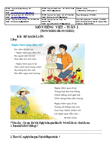 Bài giảng môn Tiếng Việt Lớp 2 - Tuần 2 - Năm học: 2021-2022 - Trường Tiểu học Lê Thánh Tông