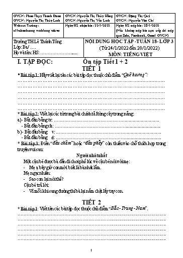 Bài giảng môn Tiếng Việt Lớp 3 - Tuần 18 - Năm học: 2021-2022 - Trường Tiểu học Lê Thánh Tông