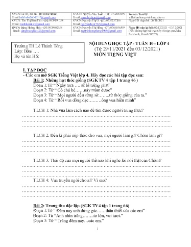 Bài giảng môn Tiếng Việt Lớp 4 - Tuần 10 - Năm học: 2021-2022 - Trường Tiểu học Lê Thánh Tông