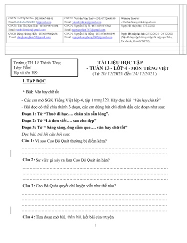 Bài giảng môn Tiếng Việt Lớp 4 - Tuần 13 - Năm học: 2021-2022 - Trường Tiểu học Lê Thánh Tông