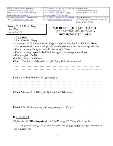 Bài giảng môn Tiếng Việt Lớp 4 - Tuần 14 - Năm học: 2021-2022 - Trường Tiểu học Lê Thánh Tông