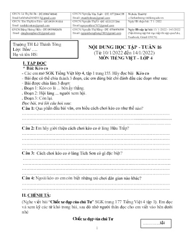 Bài giảng môn Tiếng Việt Lớp 4 - Tuần 16 - Năm học: 2021-2022 - Trường Tiểu học Lê Thánh Tông