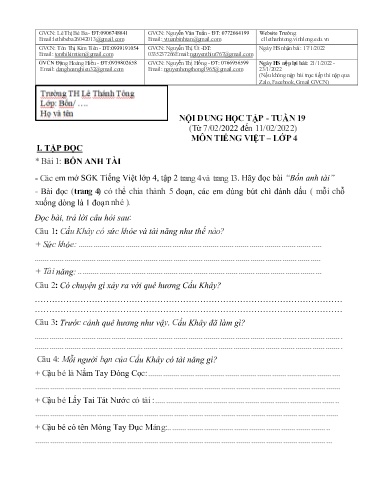 Bài giảng môn Tiếng Việt Lớp 4 - Tuần 19 - Năm học: 2021-2022 - Trường Tiểu học Lê Thánh Tông