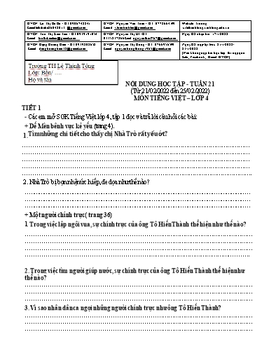 Bài giảng môn Tiếng Việt Lớp 4 - Tuần 21 - Năm học: 2021-2022 - Trường Tiểu học Lê Thánh Tông