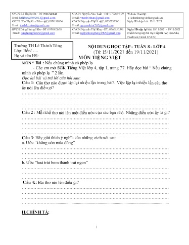 Bài giảng môn Tiếng Việt Lớp 4 - Tuần 8 - Năm học: 2021-2022 - Trường Tiểu học Lê Thánh Tông