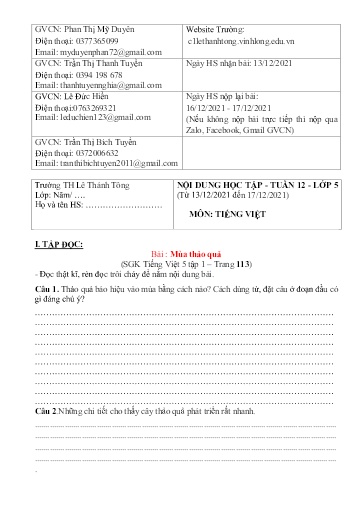 Bài giảng môn Tiếng Việt Lớp 5 - Tuần 12 - Năm học: 2021-2022 - Trường Tiểu học Lê Thánh Tông