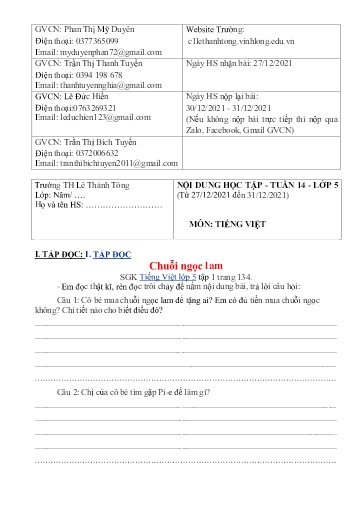 Bài giảng môn Tiếng Việt Lớp 5 - Tuần 14 - Năm học: 2021-2022 - Trường Tiểu học Lê Thánh Tông