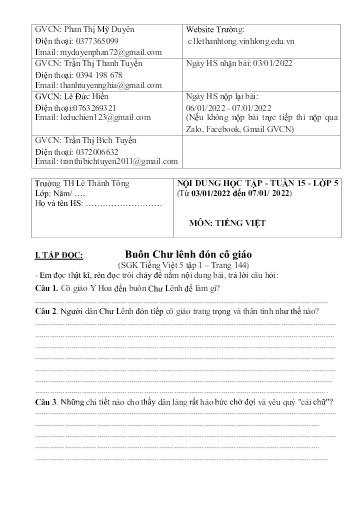 Bài giảng môn Tiếng Việt Lớp 5 - Tuần 15 - Năm học: 2021-2022 - Trường Tiểu học Lê Thánh Tông