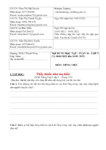 Bài giảng môn Tiếng Việt Lớp 5 - Tuần 16 - Năm học: 2021-2022 - Trường Tiểu học Lê Thánh Tông