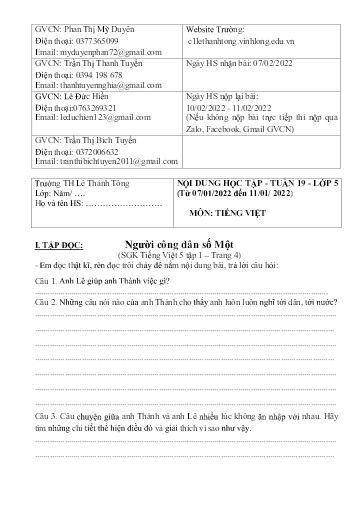 Bài giảng môn Tiếng Việt Lớp 5 - Tuần 19 - Năm học: 2021-2022 - Trường Tiểu học Lê Thánh Tông