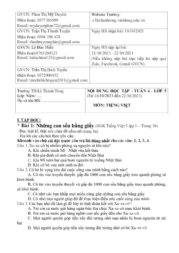 Bài giảng môn Tiếng Việt Lớp 5 - Tuần 4 - Năm học: 2021-2022 - Trường Tiểu học Lê Thánh Tông