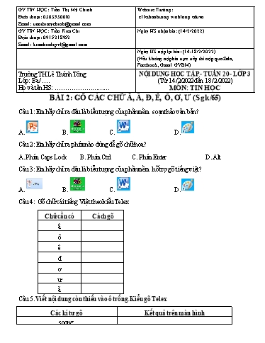 Bài giảng môn Tin học Lớp 3 - Tuần 20 - Năm học: 2021-2022 - Trường Tiểu học Lê Thánh Tông