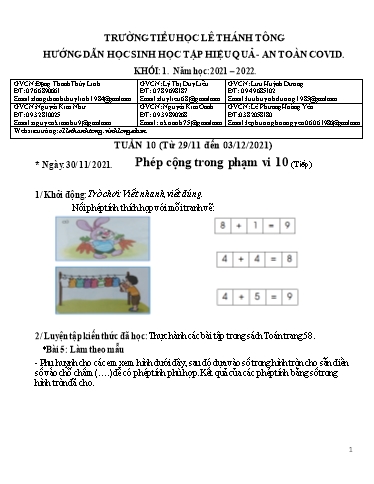 Bài giảng môn Toán học Lớp 1 - Tuần 10 - Năm học: 2021-2022 - Trường Tiểu học Lê Thánh Tông