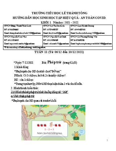 Bài giảng môn Toán học Lớp 1 - Tuần 11 - Năm học: 2021-2022 - Trường Tiểu học Lê Thánh Tông