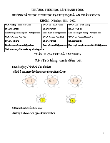 Bài giảng môn Toán học Lớp 1 - Tuần 12 - Năm học: 2021-2022 - Trường Tiểu học Lê Thánh Tông
