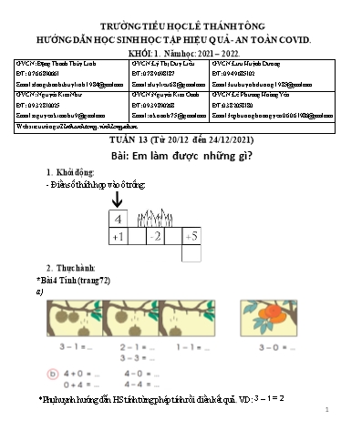 Bài giảng môn Toán học Lớp 1 - Tuần 13 - Năm học: 2021-2022 - Trường Tiểu học Lê Thánh Tông
