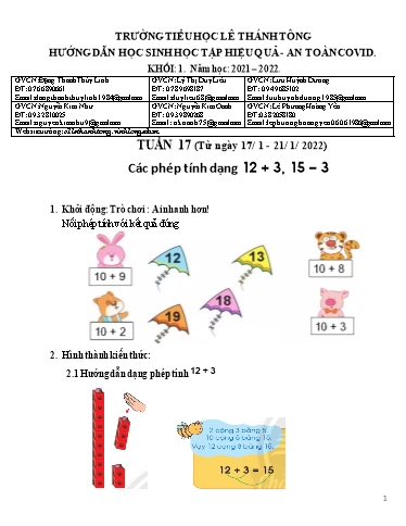 Bài giảng môn Toán học Lớp 1 - Tuần 17 - Năm học: 2021-2022 - Trường Tiểu học Lê Thánh Tông