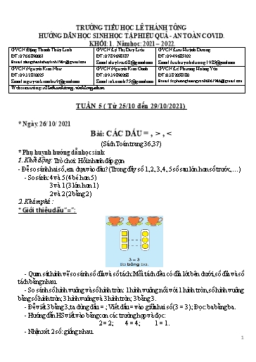 Bài giảng môn Toán học Lớp 1 - Tuần 5 - Năm học: 2021-2022 - Trường Tiểu học Lê Thánh Tông