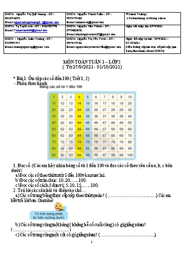 Bài giảng môn Toán học Lớp 2 - Tuần 1 (Tiết 1+2) - Năm học: 2021-2022 - Trường Tiểu học Lê Thánh Tông