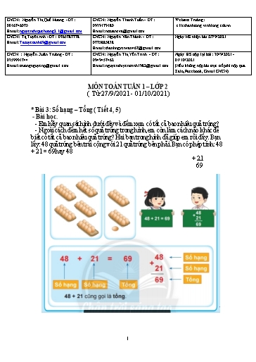 Bài giảng môn Toán học Lớp 2 - Tuần 1 (Tiết 4+5) - Năm học: 2021-2022 - Trường Tiểu học Lê Thánh Tông