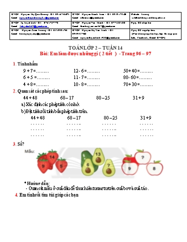 Bài giảng môn Toán học Lớp 2 - Tuần 14 - Năm học: 2021-2022 - Trường Tiểu học Lê Thánh Tông