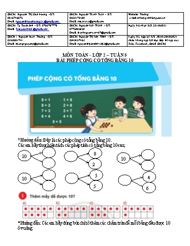 Bài giảng môn Toán học Lớp 2 - Tuần 5 - Bài: Phép cộng có tổng bằng 10 - Trường Tiểu học Lê Thánh Tông