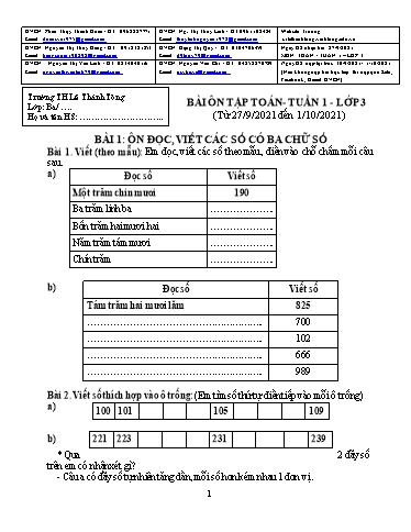 Bài giảng môn Toán học Lớp 3 - Tuần 1 - Năm học: 2021-2022 - Trường Tiểu học Lê Thánh Tông