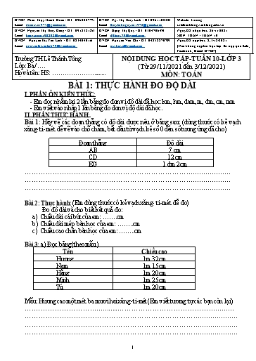 Bài giảng môn Toán học Lớp 3 - Tuần 10 - Năm học: 2021-2022 - Trường Tiểu học Lê Thánh Tông