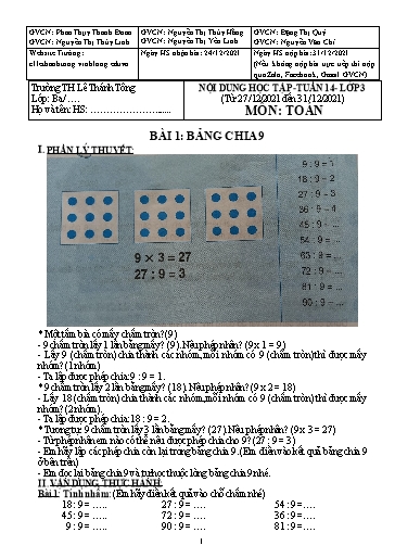 Bài giảng môn Toán học Lớp 3 - Tuần 14 - Năm học: 2021-2022 - Trường Tiểu học Lê Thánh Tông