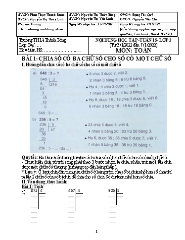 Bài giảng môn Toán học Lớp 3 - Tuần 15 - Năm học: 2021-2022 - Trường Tiểu học Lê Thánh Tông