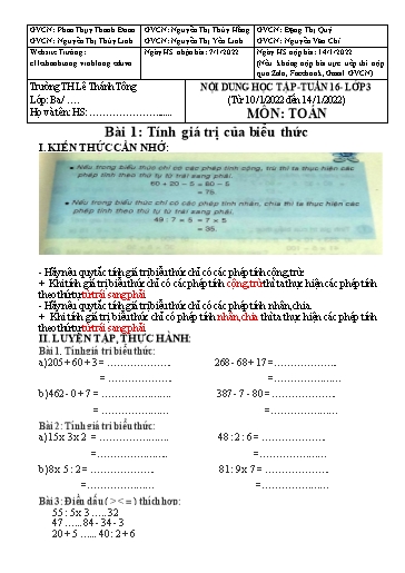 Bài giảng môn Toán học Lớp 3 - Tuần 16 - Năm học: 2021-2022 - Trường Tiểu học Lê Thánh Tông