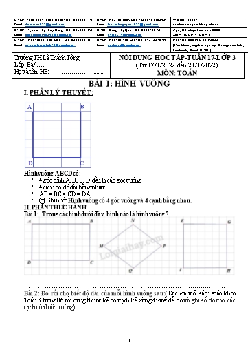 Bài giảng môn Toán học Lớp 3 - Tuần 17 - Năm học: 2021-2022 - Trường Tiểu học Lê Thánh Tông