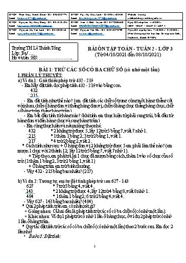 Bài giảng môn Toán học Lớp 3 - Tuần 2 - Năm học: 2021-2022 - Trường Tiểu học Lê Thánh Tông