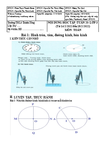 Bài giảng môn Toán học Lớp 3 - Tuần 20 - Năm học: 2021-2022 - Trường Tiểu học Lê Thánh Tông