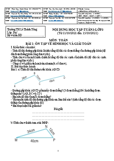 Bài giảng môn Toán học Lớp 3 - Tuần 3, Bài 1: Ôn tập về hình học và giải toán - Năm học: 2021-2022 - Trường Tiểu học Lê Thánh Tông