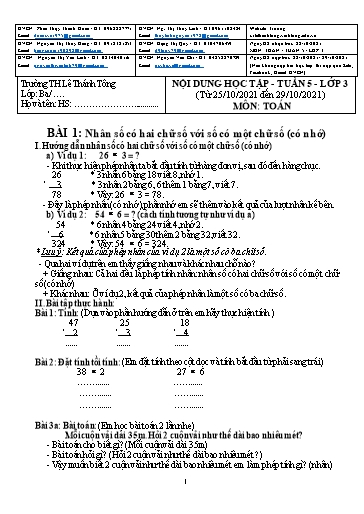 Bài giảng môn Toán học Lớp 3 - Tuần 5 - Năm học: 2021-2022 - Trường Tiểu học Lê Thánh Tông