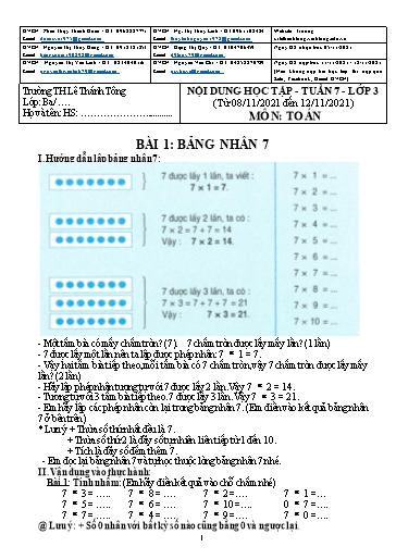 Bài giảng môn Toán học Lớp 3 - Tuần 7 - Năm học: 2021-2022 - Trường Tiểu học Lê Thánh Tông