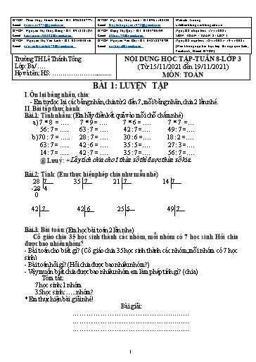 Bài giảng môn Toán học Lớp 3 - Tuần 8 - Năm học: 2021-2022 - Trường Tiểu học Lê Thánh Tông