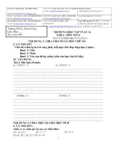 Bài giảng môn Toán học Lớp 4 - Tuần 14 - Năm học: 2021-2022 - Trường Tiểu học Lê Thánh Tông