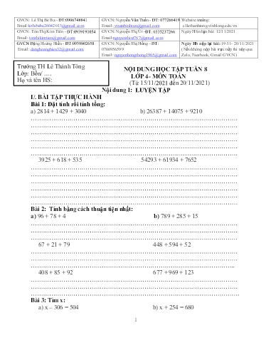Bài giảng môn Toán học Lớp 4 - Tuần 8 - Năm học: 2021-2022 - Trường Tiểu học Lê Thánh Tông